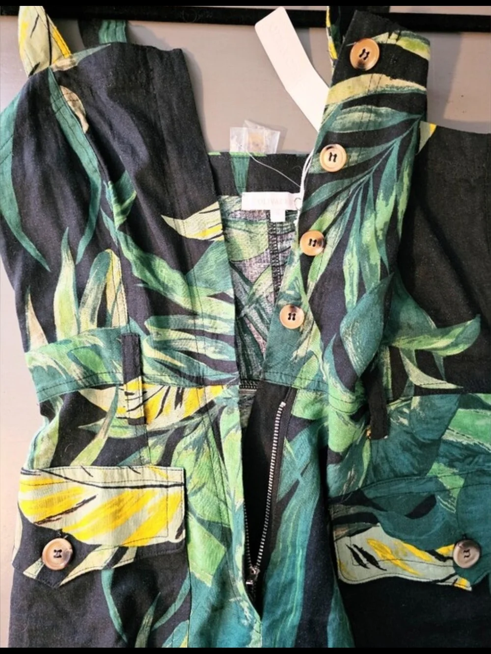 VICI Olivaceous Costa Tropical Print Romper NWT Small Black Green Leaf Print - Picture 6 of 9